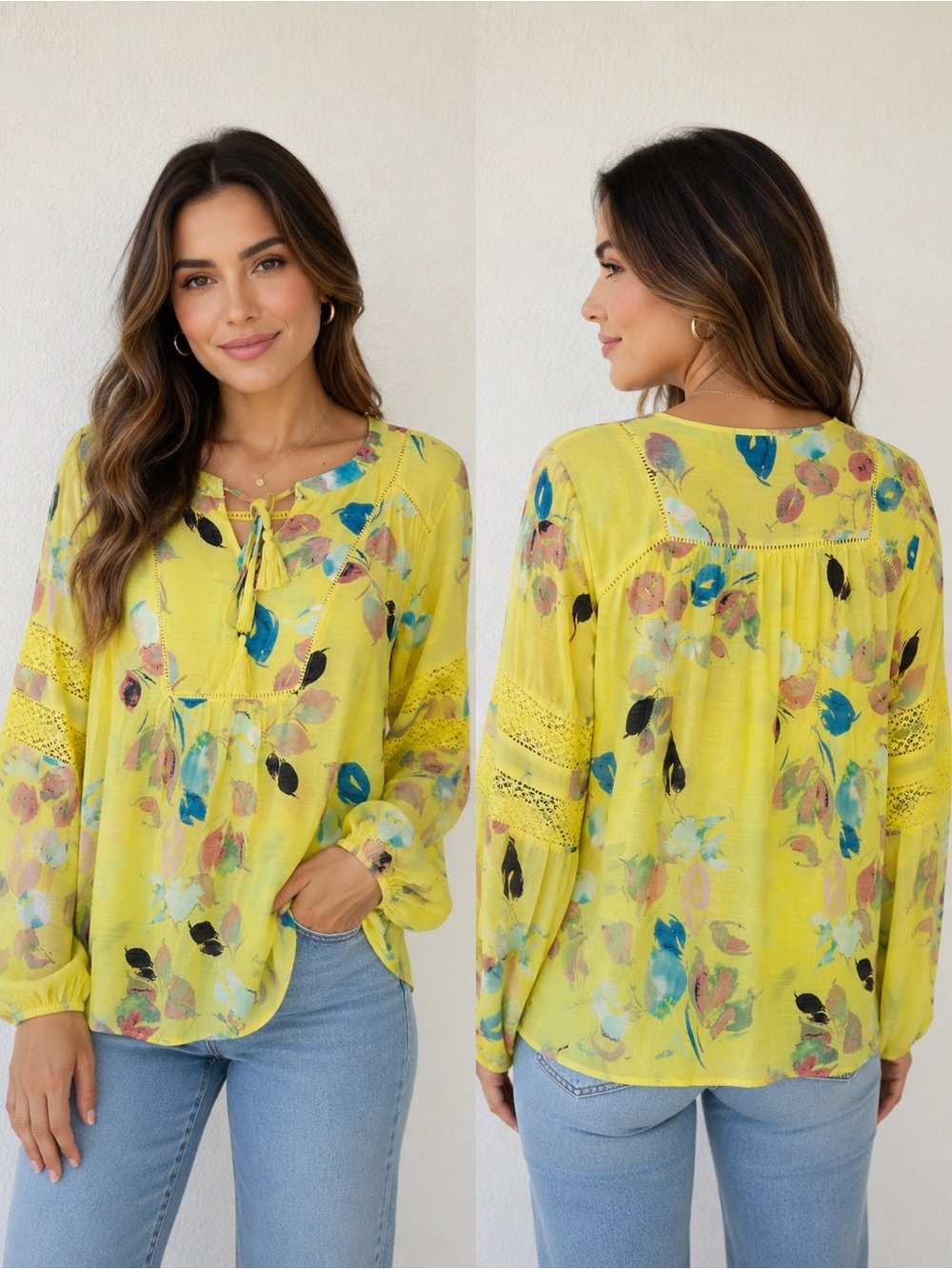 Sunshine Floral Tie-Neck Peasant Top